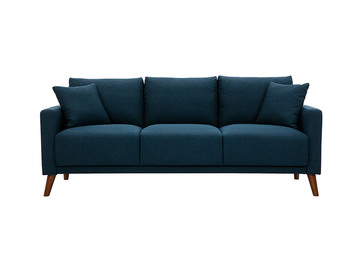 Canapé 3 places en tissu bleu foncé et bois foncé MUNIK