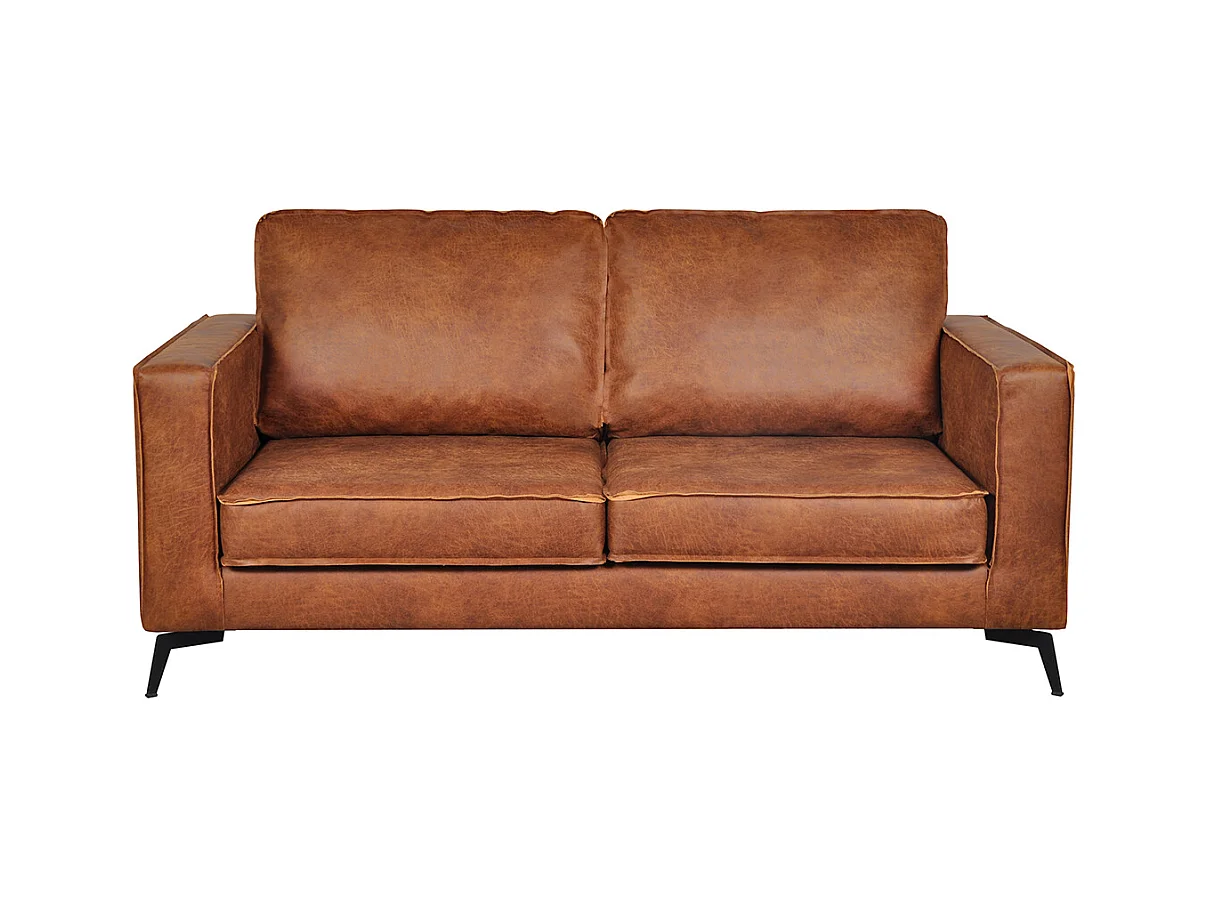 Canapé vintage 2-3 places cuir marron cognac aspect vieilli et métal noir SONNY