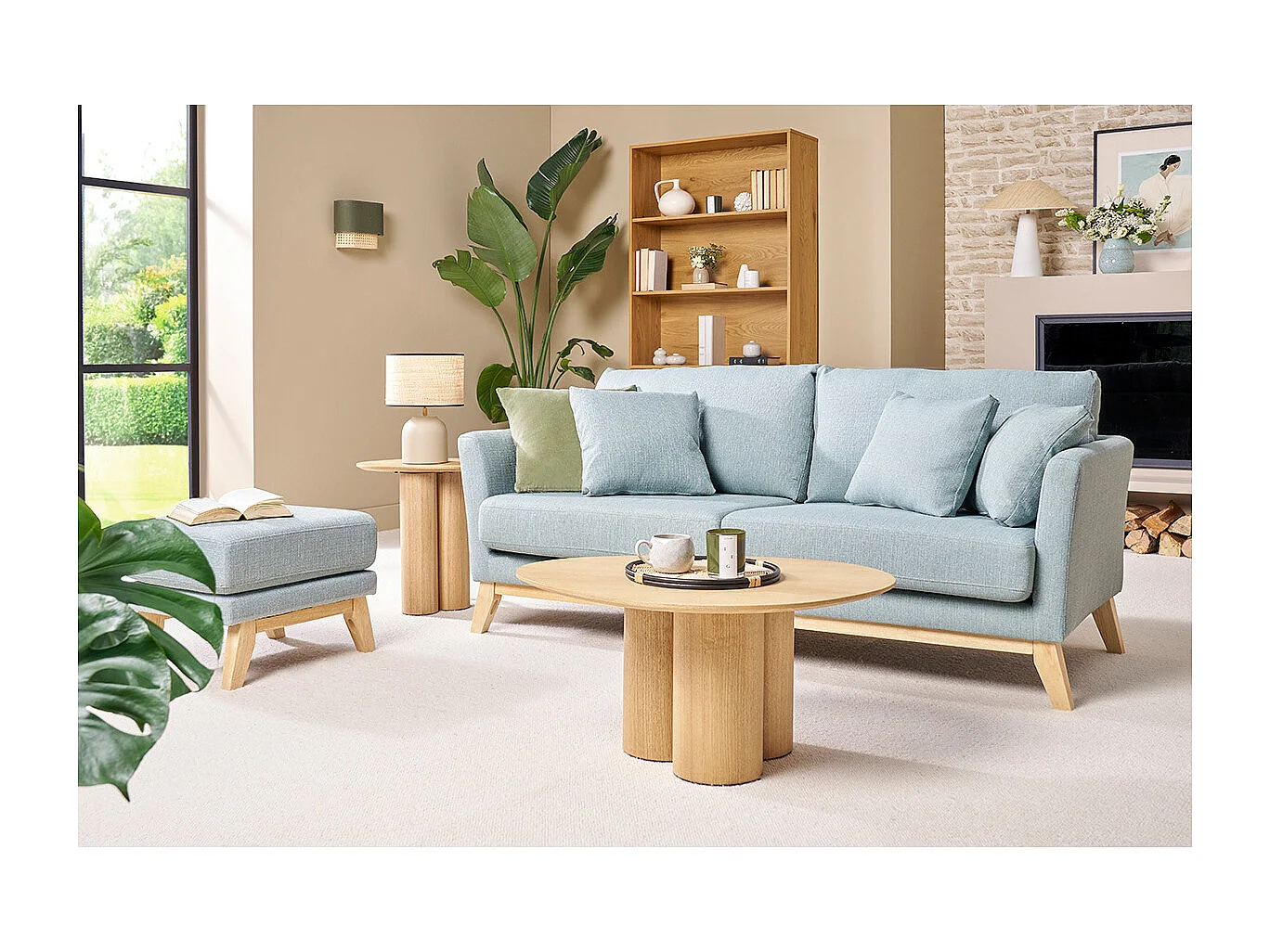 Canapé scandinave déhoussable 3 places en tissu vert lagon et bois clair OSLO