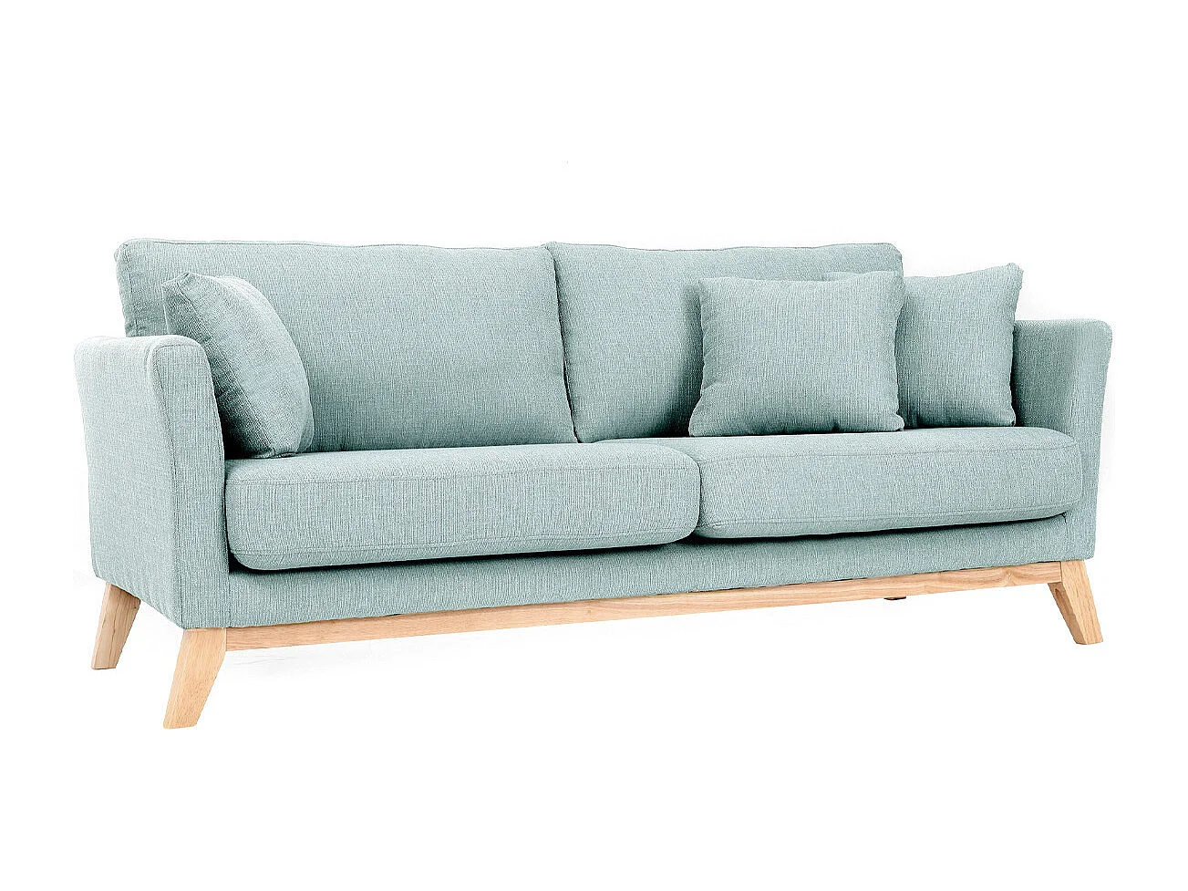 Canapé scandinave déhoussable 3 places en tissu vert lagon et bois clair OSLO