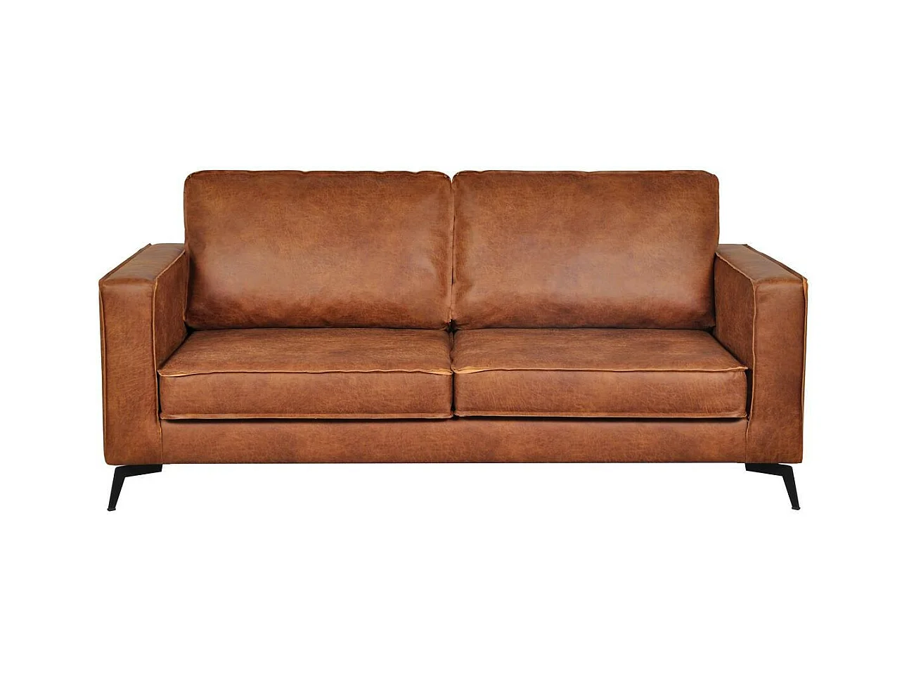 Canapé vintage 3 places cuir marron cognac aspect vieilli et métal noir SONNY
