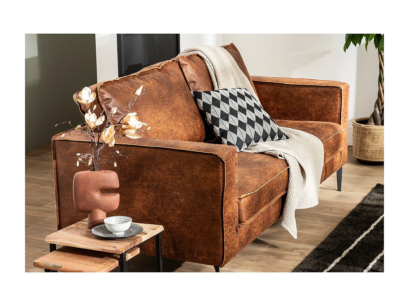 Divano pelle vintage cognac 3 posti SONNY - pelle bovina ricostituita