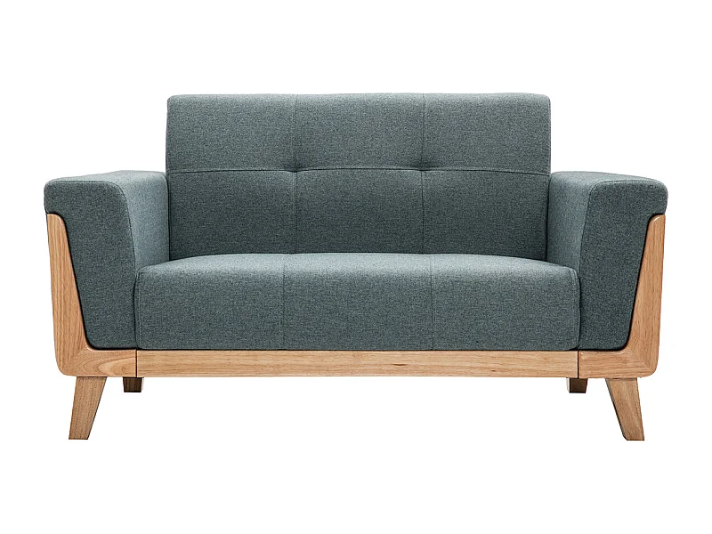 Divano scandinavo 2 posti in tessuto grigio-verde e legno chiaro FJORD