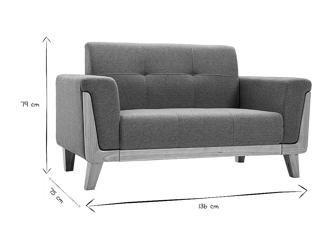 Canapé scandinave 2 places en tissu vert de gris et bois clair FJORD