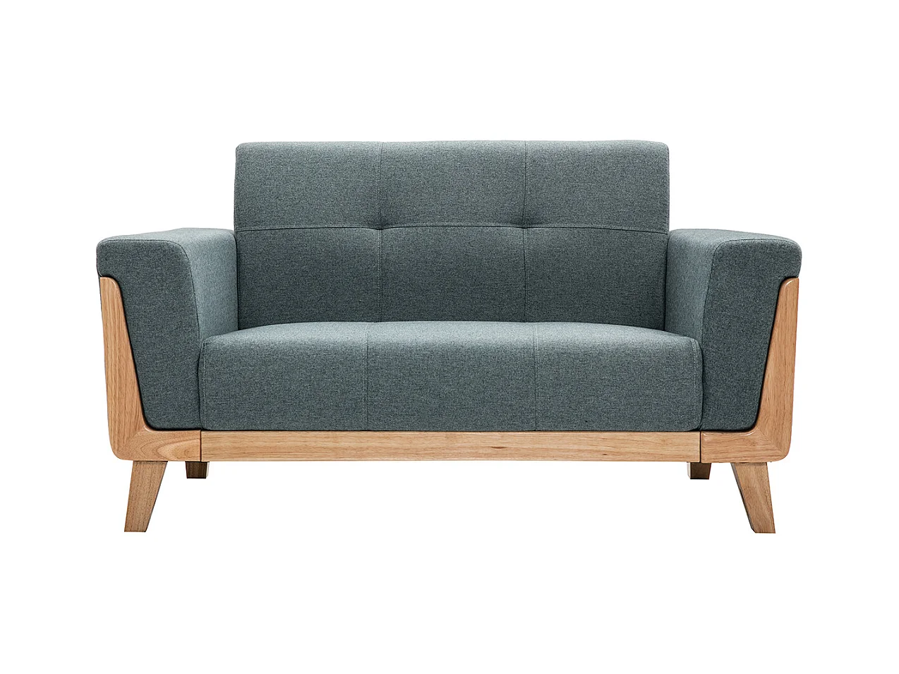 Canapé scandinave 2 places en tissu vert de gris et bois clair FJORD