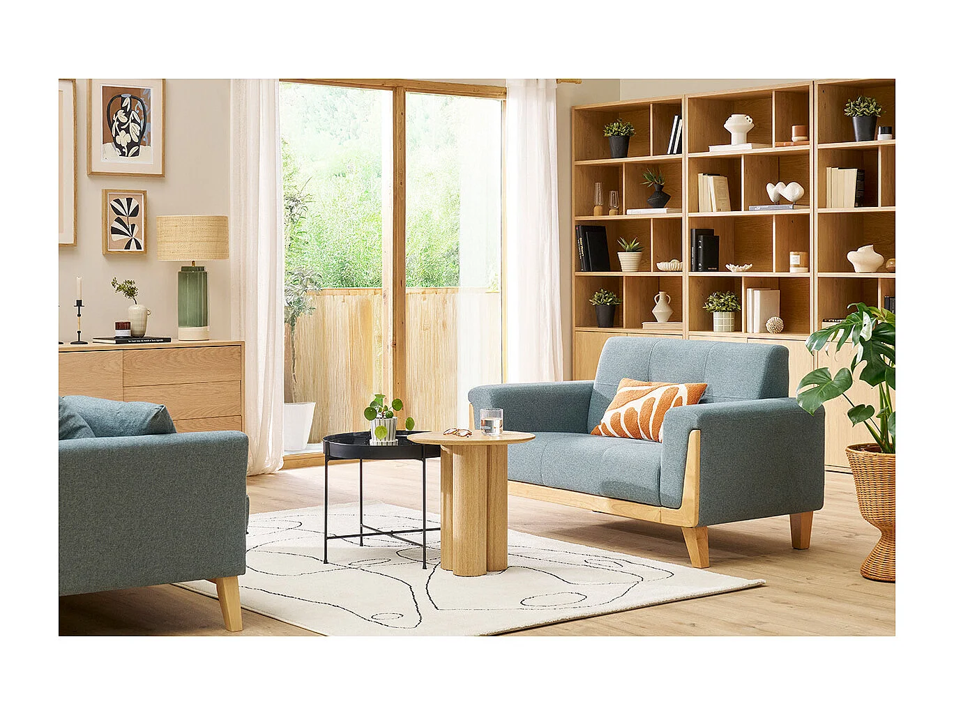 Skandinavisches Sofa 2-Sitzer aus graugrünem Stoff und hellem Holz FJORD