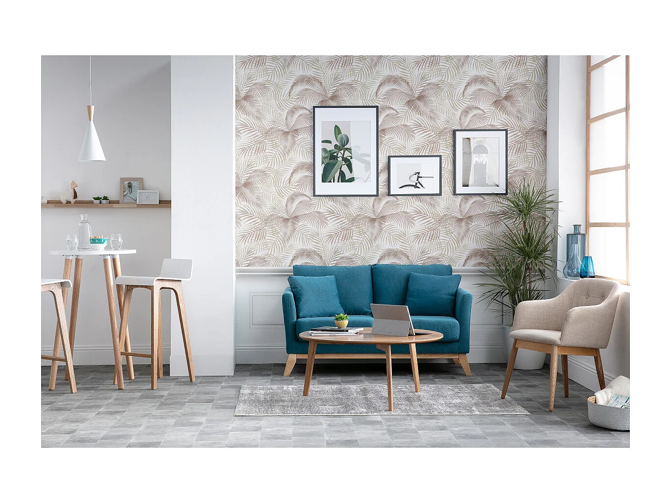 Sofa skandinavisch 2 Plätze Dunkelblau und helle Holzbeine OSLO