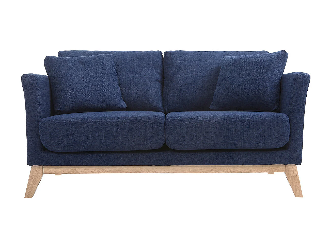 Canapé scandinave déhoussable 2 places en tissu bleu foncé et bois clair OSLO
