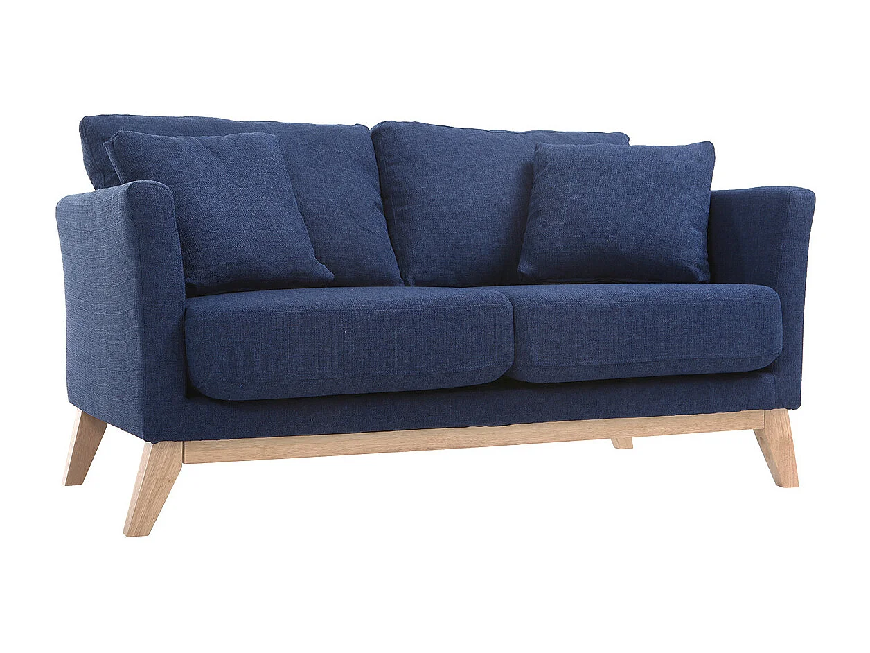 Canapé scandinave déhoussable 2 places en tissu bleu foncé et bois clair OSLO