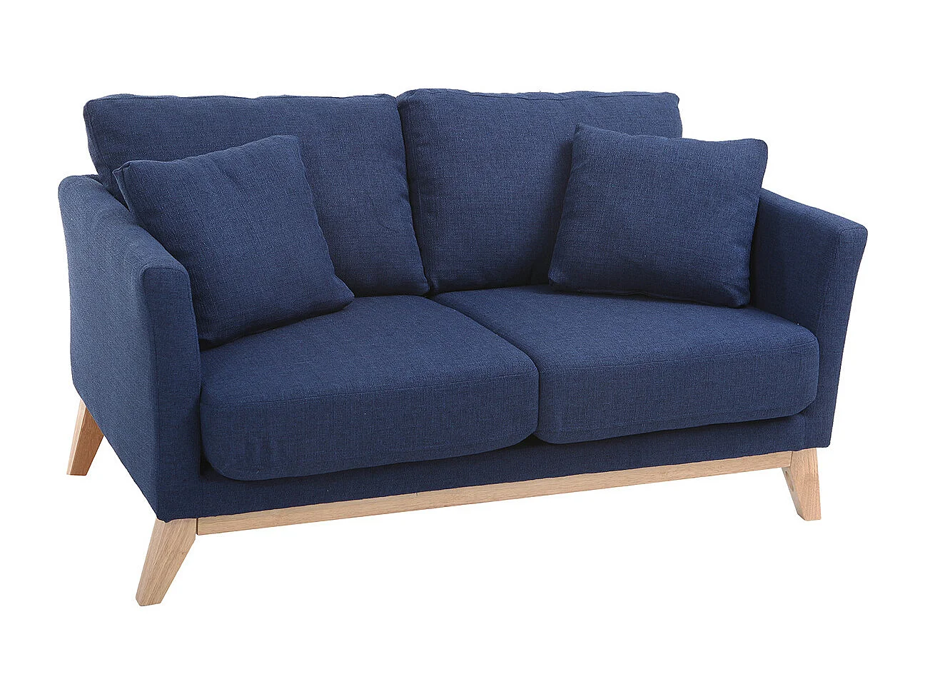Canapé scandinave déhoussable 2 places en tissu bleu foncé et bois clair OSLO