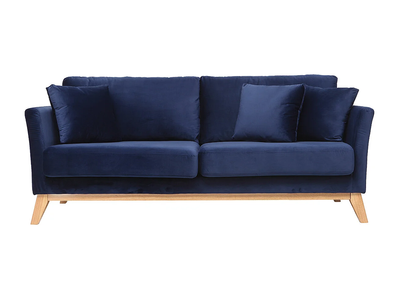 Canapé scandinave déhoussable 3 places en tissu velours bleu nuit et bois clair OSLO