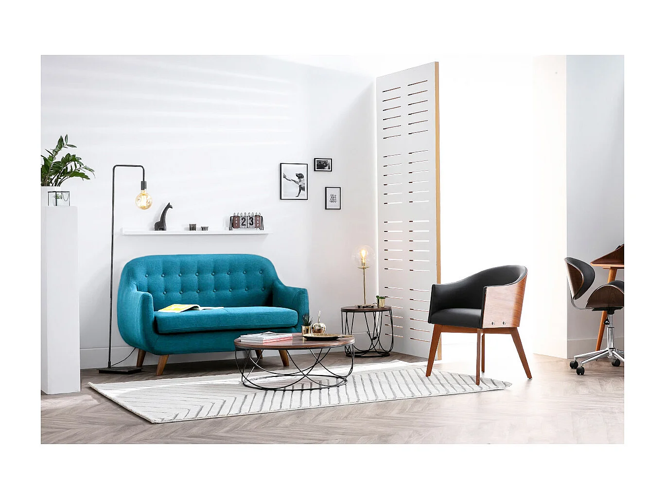 Skandinavisches 2-Sitzer-Sofa mit abnehmbarem Bezug in entenblau und Holz YNOK