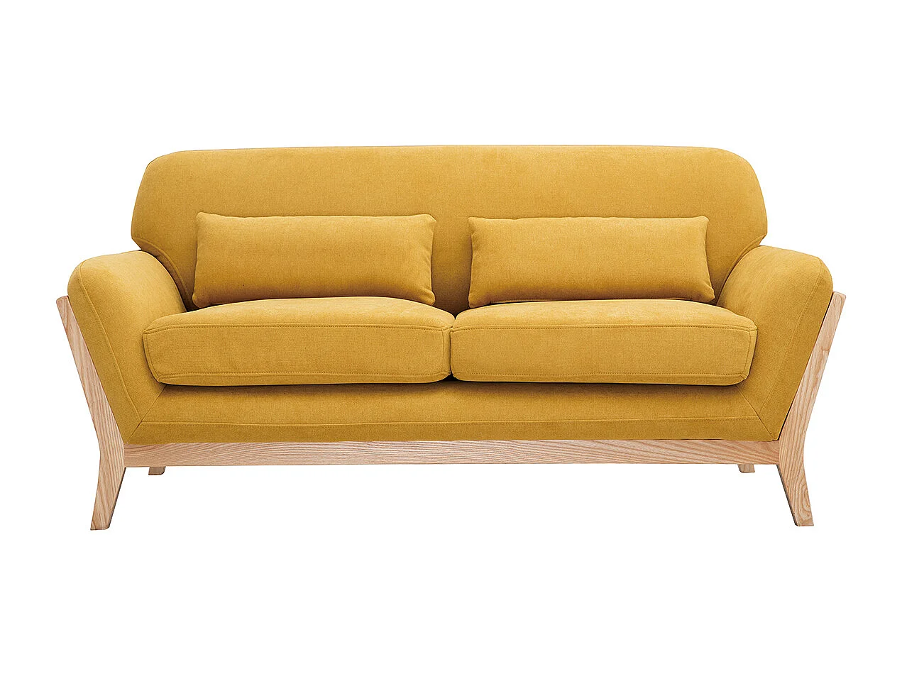 Canapé scandinave 2 places en tissu effet velours jaune moutarde et bois clair YOKO