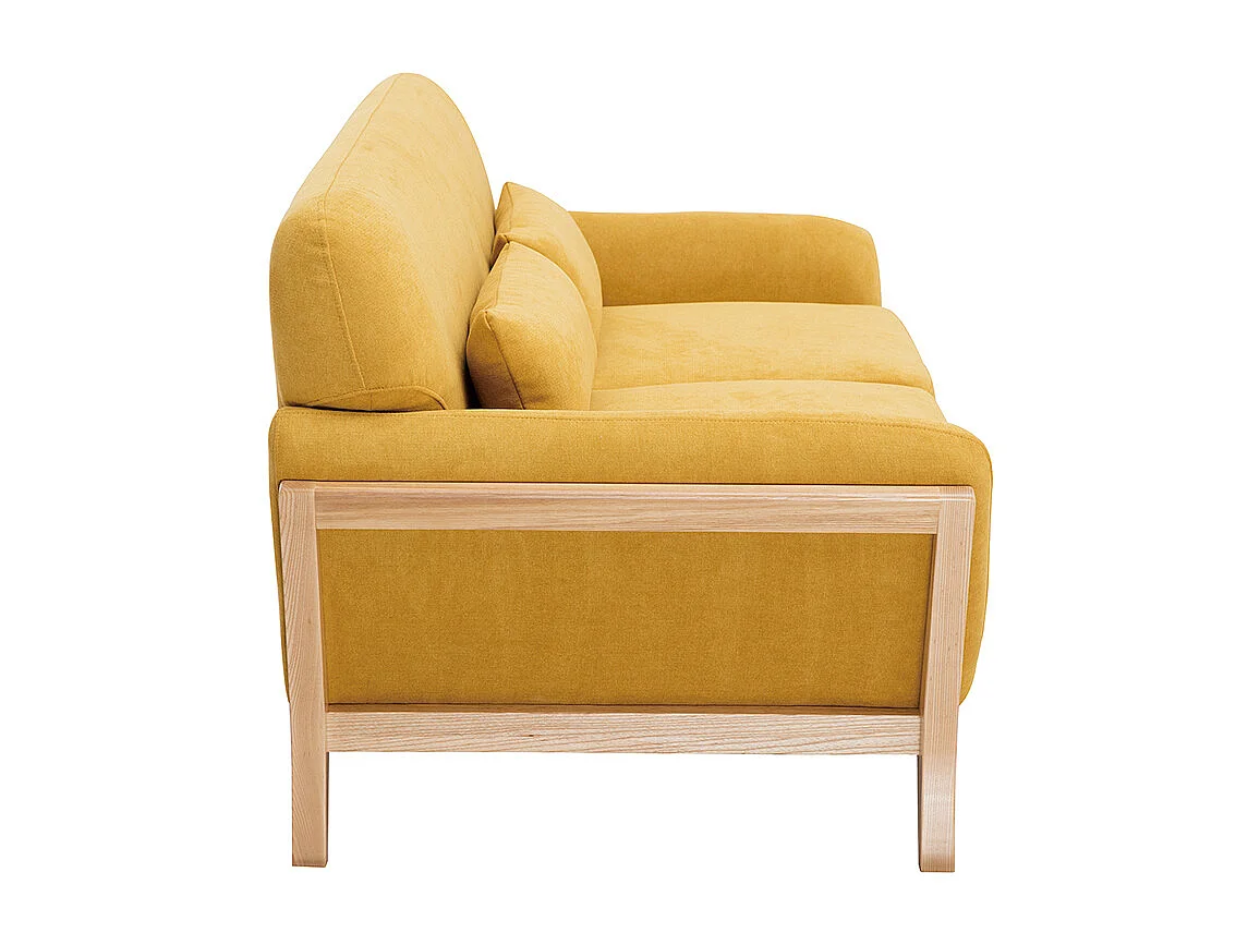 Canapé scandinave 2 places en tissu effet velours jaune moutarde et bois clair YOKO