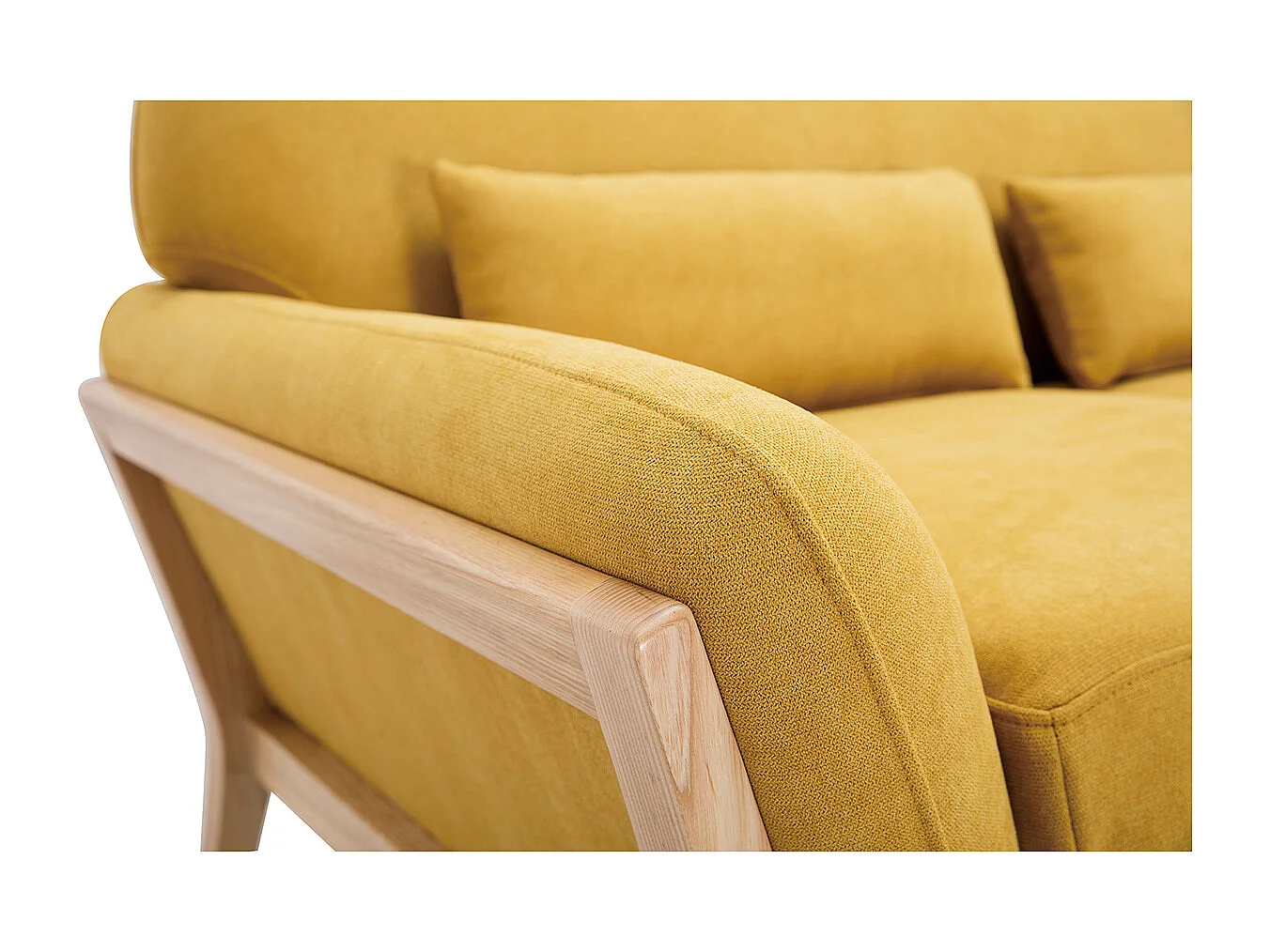 Canapé scandinave 2 places en tissu effet velours jaune moutarde et bois clair YOKO