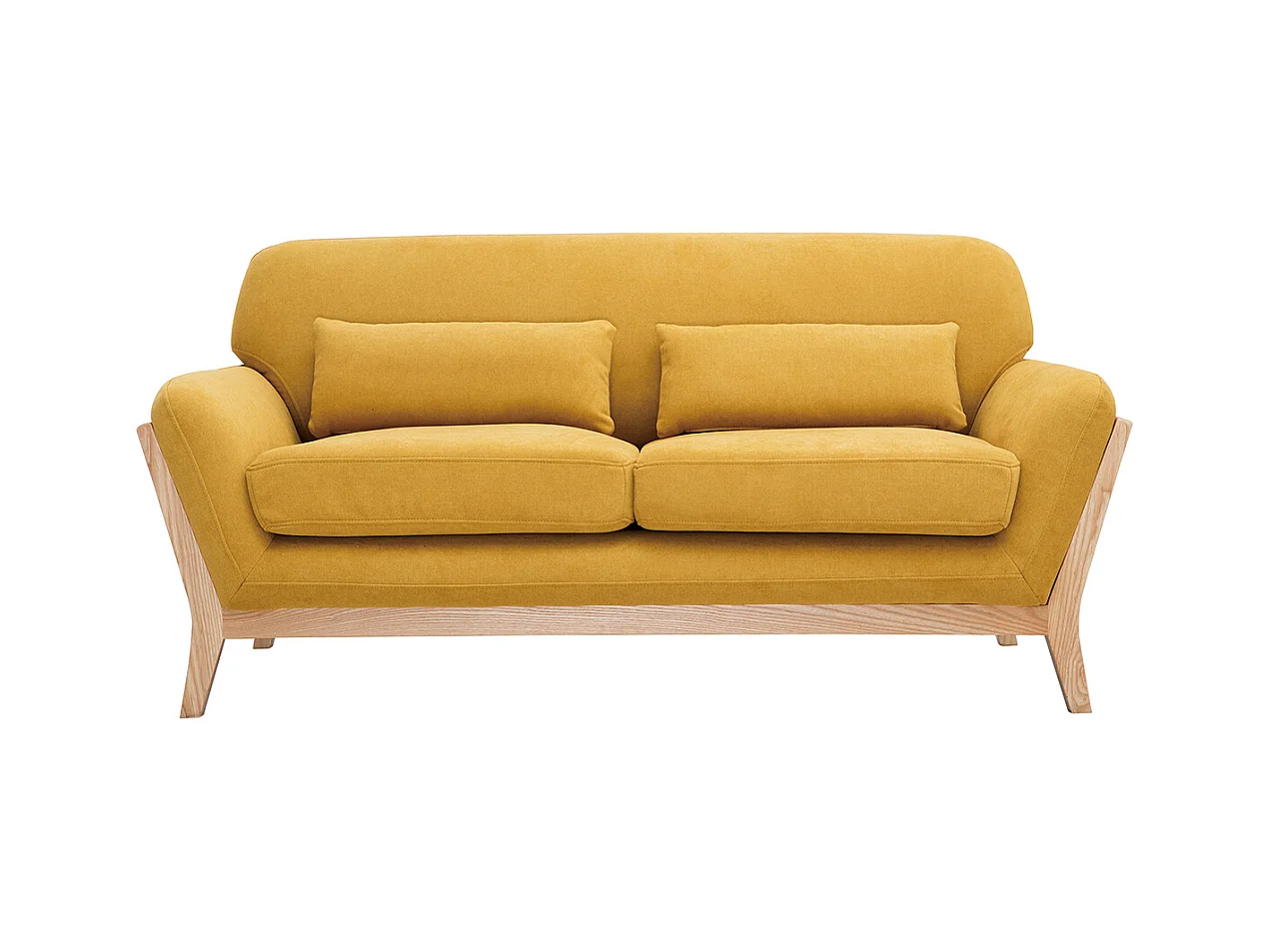 Canapé scandinave 2 places en tissu effet velours jaune moutarde et bois clair YOKO