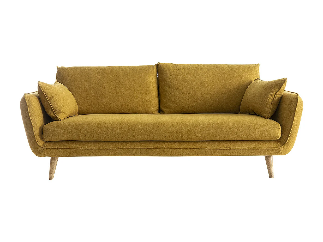 Canapé scandinave 3 places en tissu jaune cumin et bois clair CREEP
