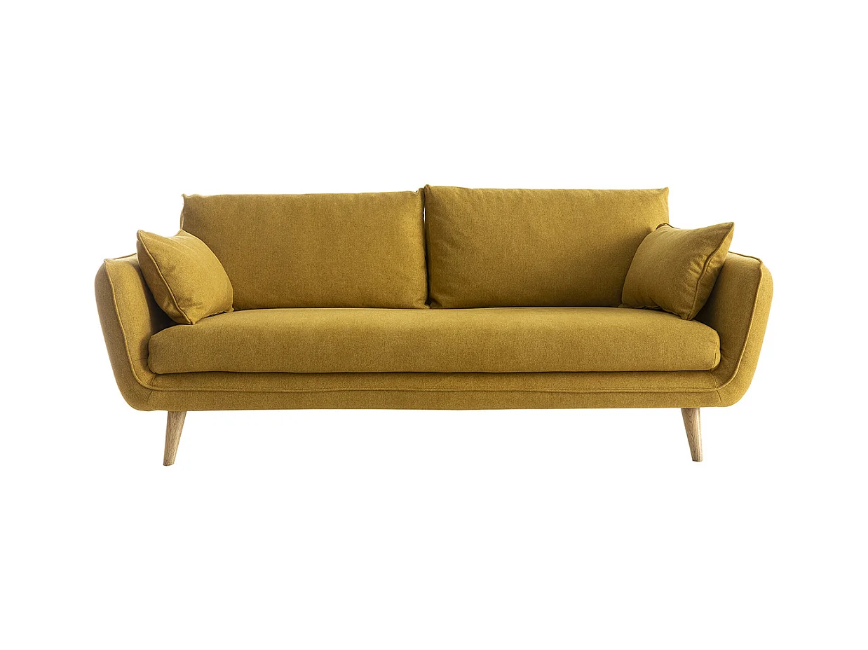 Canapé scandinave 3 places en tissu jaune cumin et bois clair CREEP
