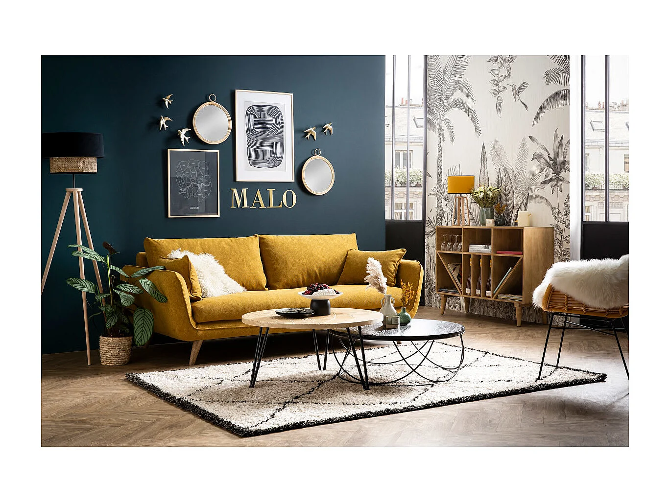 Canapé scandinave 3 places en tissu jaune cumin et bois clair CREEP