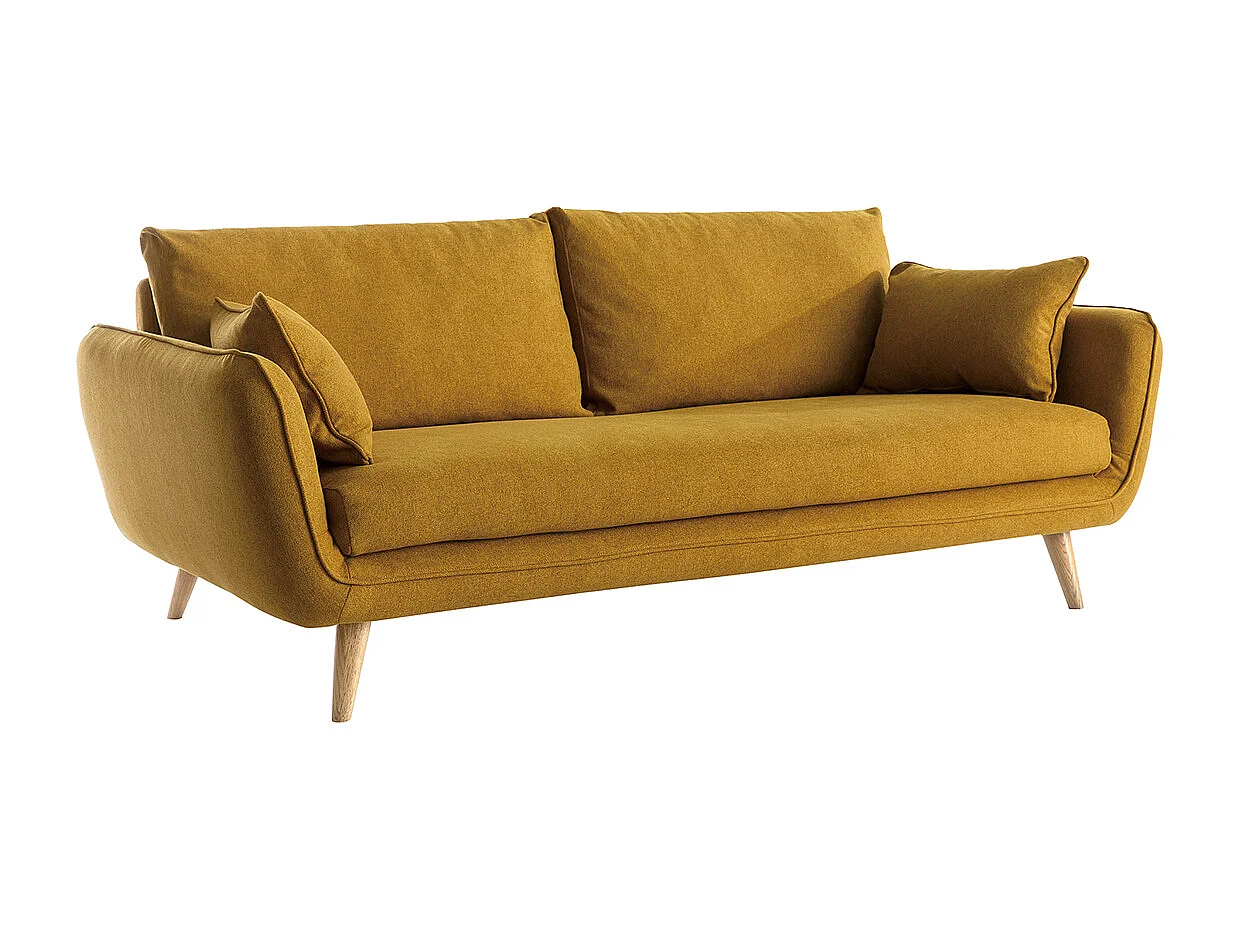 Canapé scandinave 3 places en tissu jaune cumin et bois clair CREEP