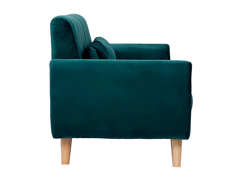 Canapé scandinave 2 places en tissu velours bleu pétrole et bois clair EKTOR