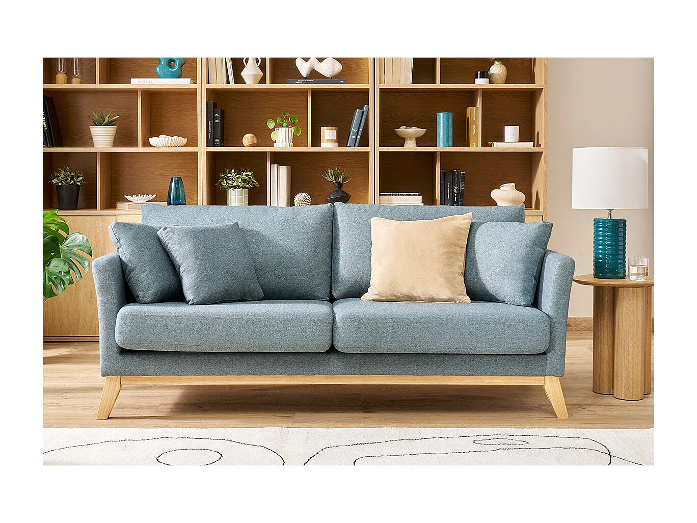 Canapé scandinave déhoussable 3 places en tissu vert de gris et bois clair OSLO