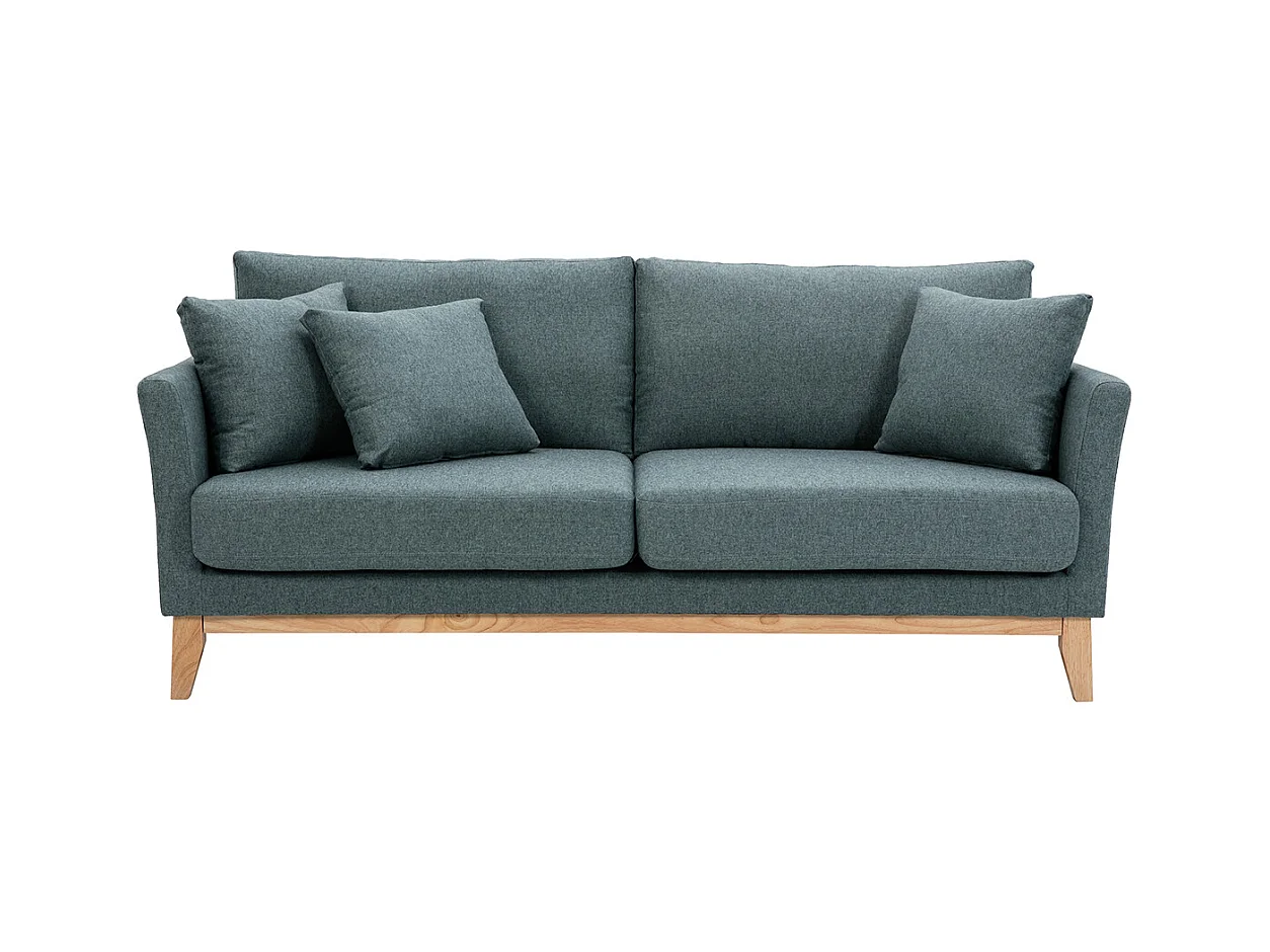 Canapé scandinave déhoussable 3 places en tissu vert de gris et bois clair OSLO