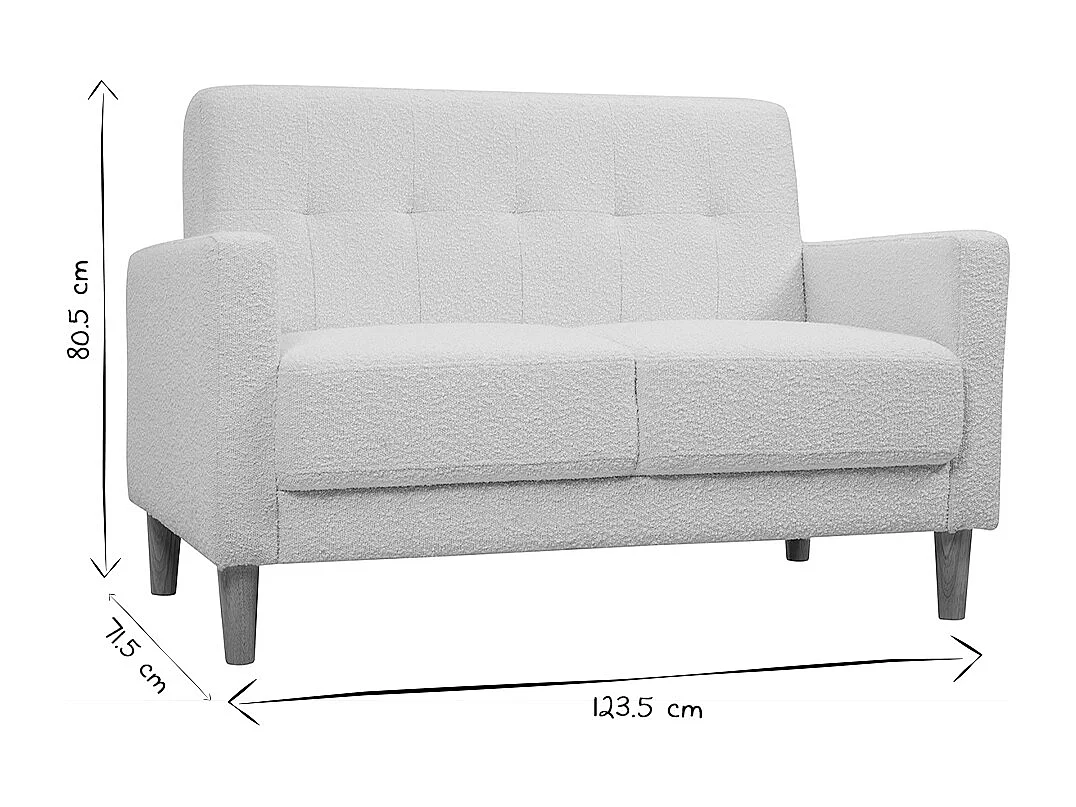 Canapé scandinave 2 places en tissu effet laine bouclée blanc et bois clair MOON