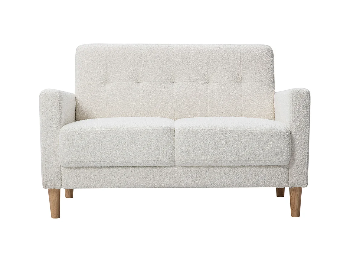 Canapé scandinave 2 places en tissu effet laine bouclée blanc et bois clair MOON