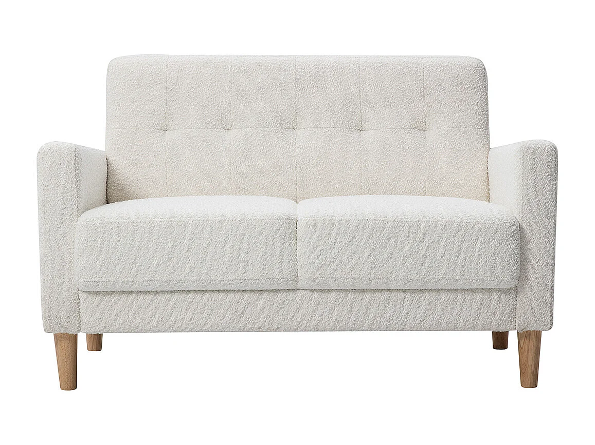 Canapé scandinave 2 places en tissu effet laine bouclée blanc et bois clair MOON