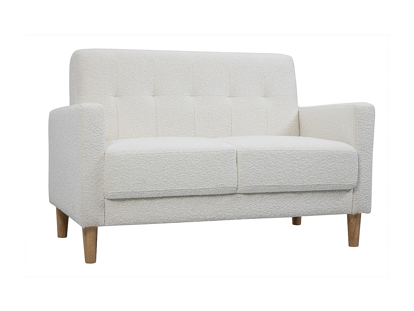 Canapé scandinave 2 places en tissu effet laine bouclée blanc et bois clair MOON