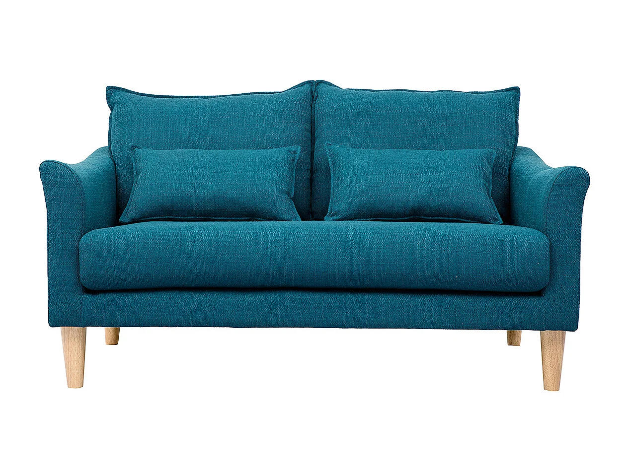 Canapé scandinave 2 places en tissu bleu canard et bois clair KATE