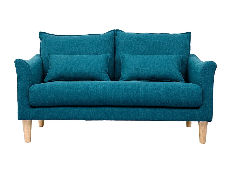 Canapé scandinave 2 places en tissu bleu canard et bois clair KATE