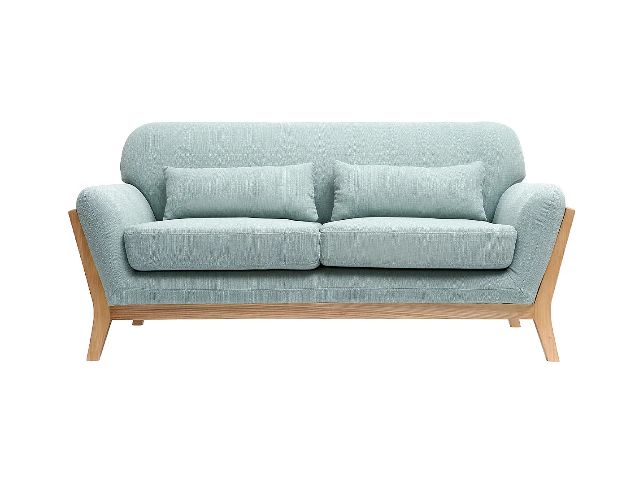 Canapé scandinave 2 places en tissu vert lagon et bois clair YOKO