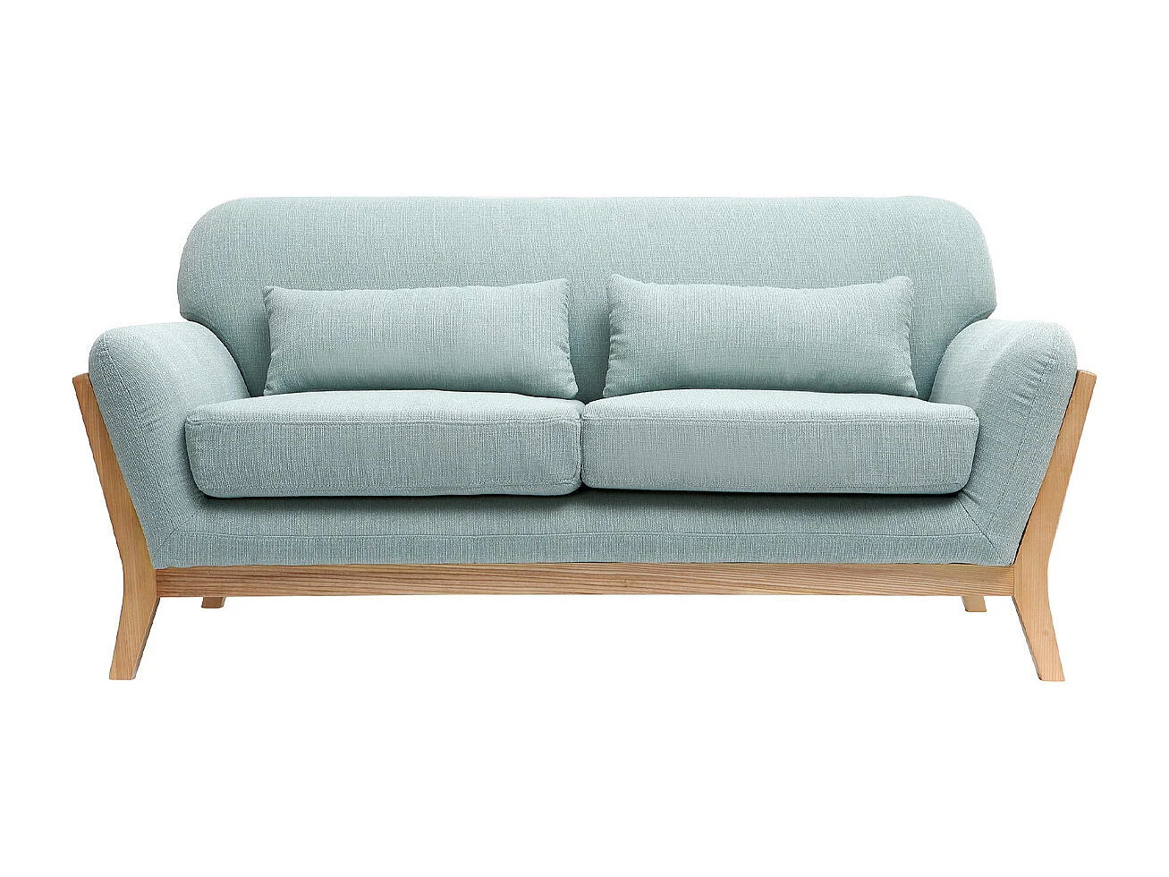 Canapé scandinave 2 places en tissu vert lagon et bois clair YOKO