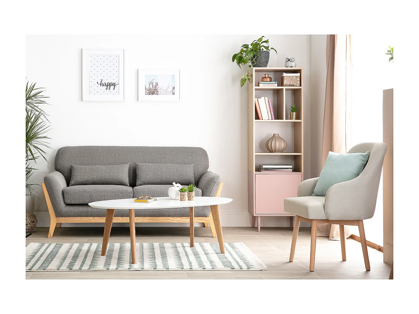 Canapé scandinave 2 places en tissu vert lagon et bois clair YOKO