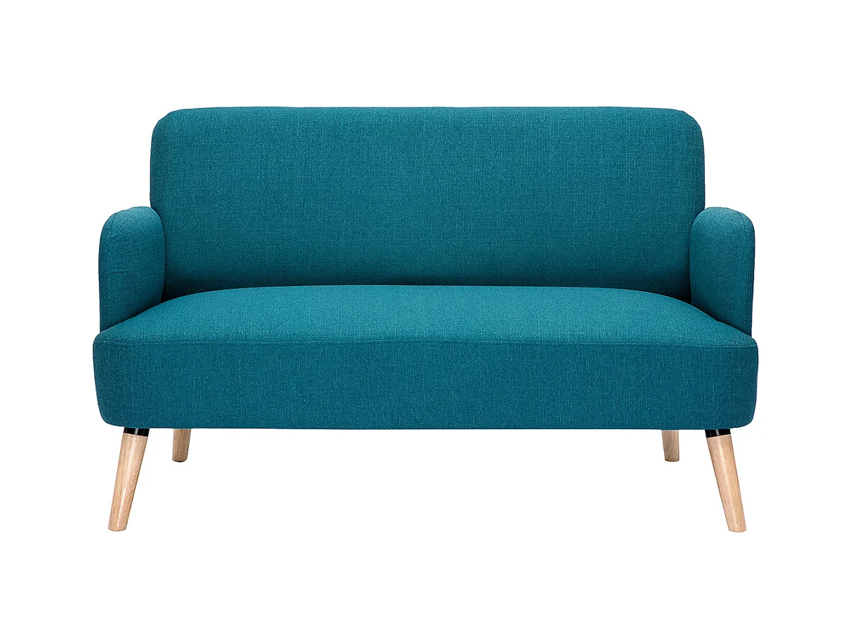 Canapé scandinave 2 places en tissu bleu canard et bois clair ISKO