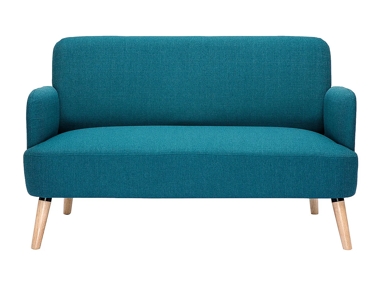Canapé scandinave 2 places en tissu bleu canard et bois clair ISKO
