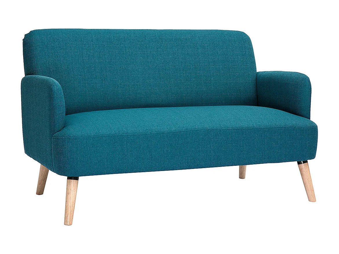 Canapé scandinave 2 places en tissu bleu canard et bois clair ISKO