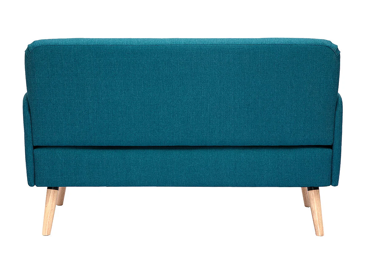 Canapé scandinave 2 places en tissu bleu canard et bois clair ISKO