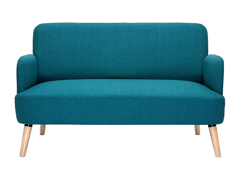 Canapé scandinave 2 places en tissu bleu canard et bois clair ISKO