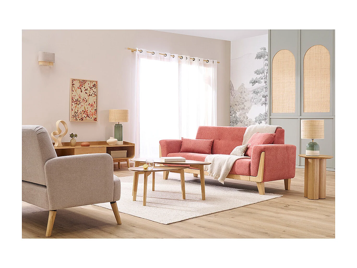 Skandinavisches Sofa aus terracottafarbenem Stoff mit Samteffekt und hellem Holz 3-Sitzer FJORD