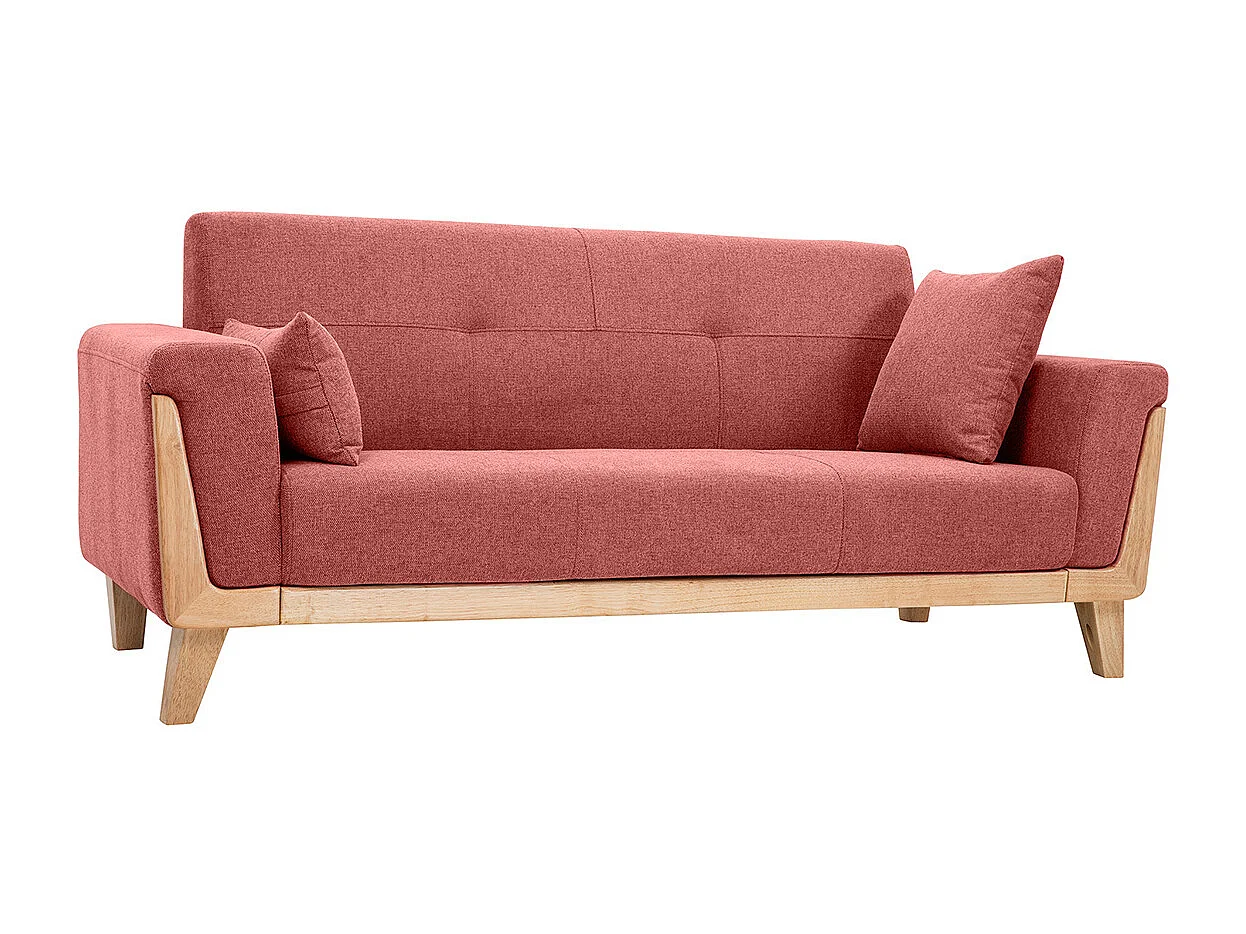 Skandinavisches Sofa aus terracottafarbenem Stoff mit Samteffekt und hellem Holz 3-Sitzer FJORD