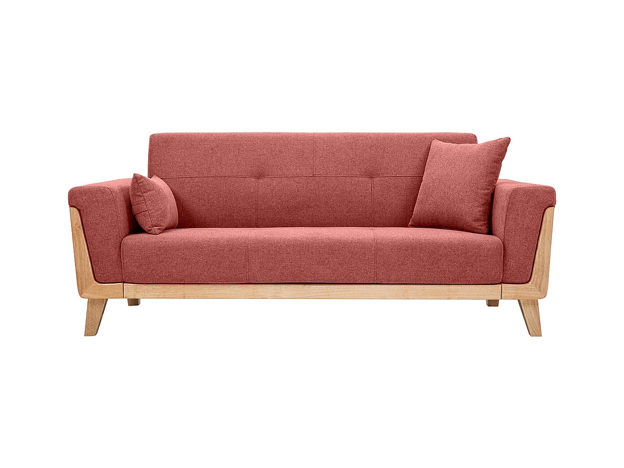 Canapé scandinave 3 places en tissu effet velours texturé terracotta et bois clair FJORD
