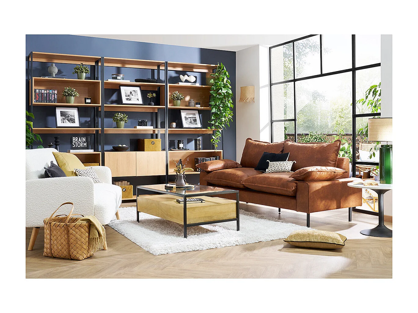 Sofá de 3 plazas en piel con aspecto envejecido marrón coñac y metal negro DORY