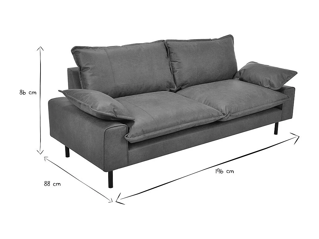 Sofá de 3 plazas en piel con aspecto envejecido marrón coñac y metal negro DORY