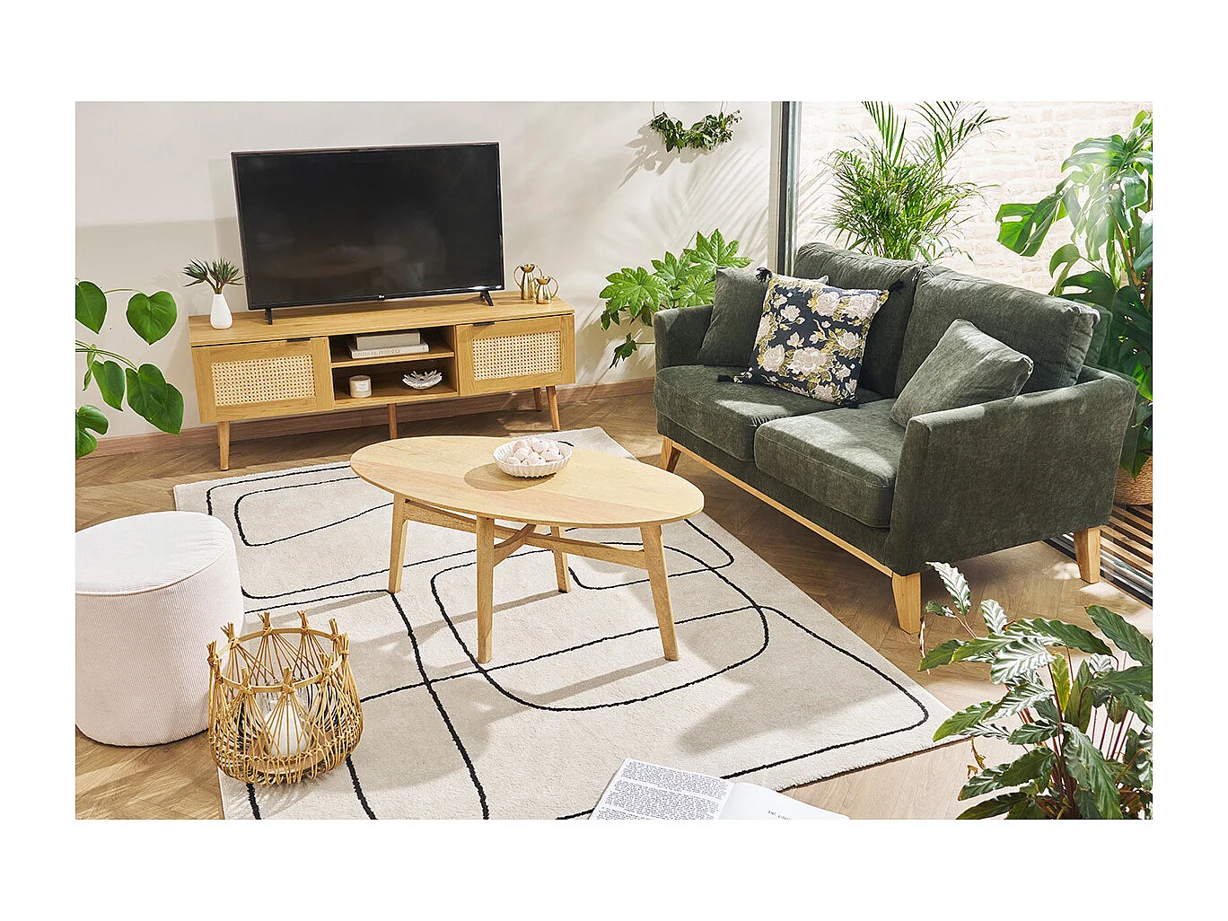 Canapé scandinave déhoussable 2 places en tissu effet velours vert kaki et bois clair OSLO