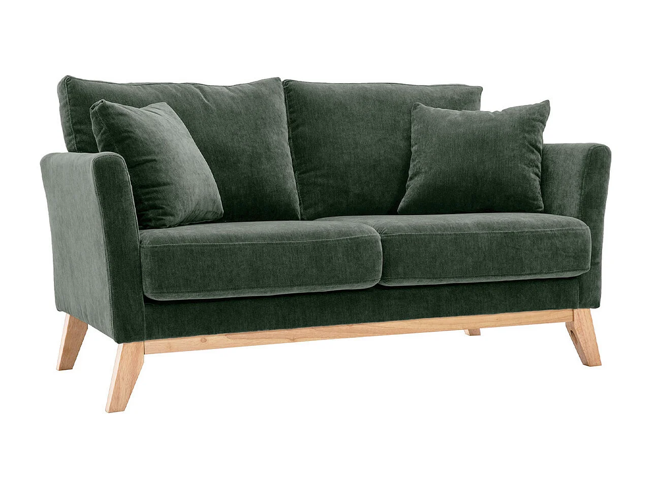 Canapé scandinave déhoussable 2 places en tissu effet velours vert kaki et bois clair OSLO