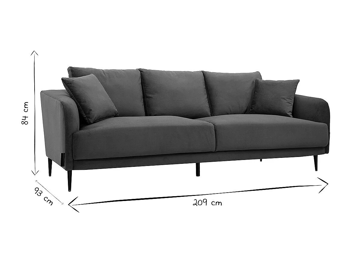 Sofá moderno 3 plazas de tejido efecto aterciopelado gris y metal negro JERRY