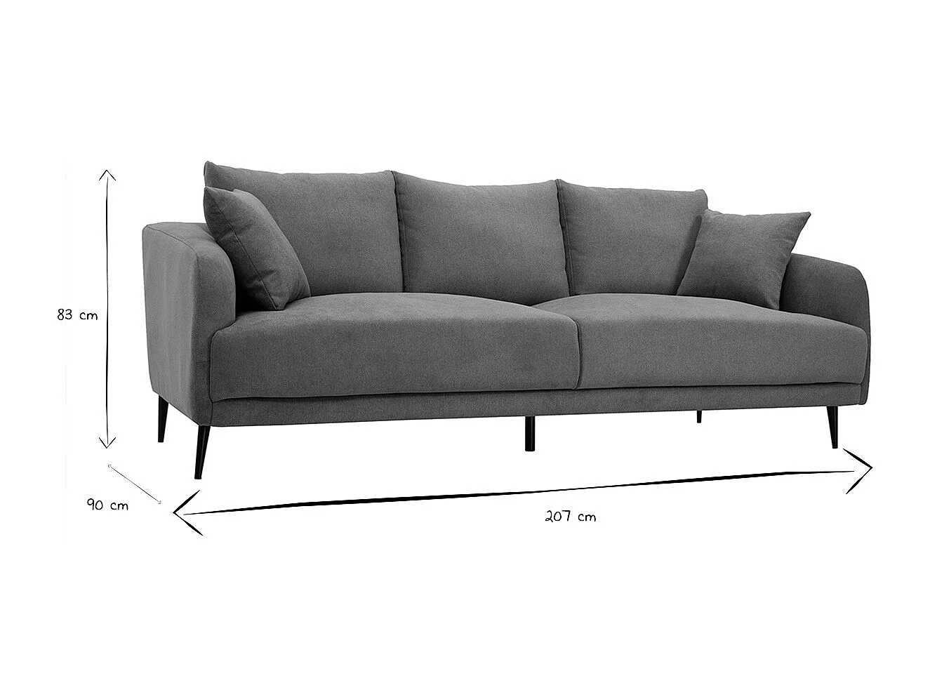 Canapé design 3 places en tissu effet velours gris et métal noir JERRY